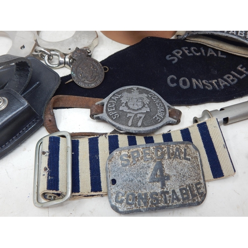 542 - WWII Police Steel Helmet together with Special Constable Badges, Whistle & Handcuffs (no key). Pleas... 