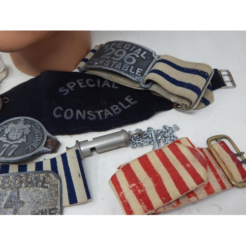 542 - WWII Police Steel Helmet together with Special Constable Badges, Whistle & Handcuffs (no key). Pleas... 