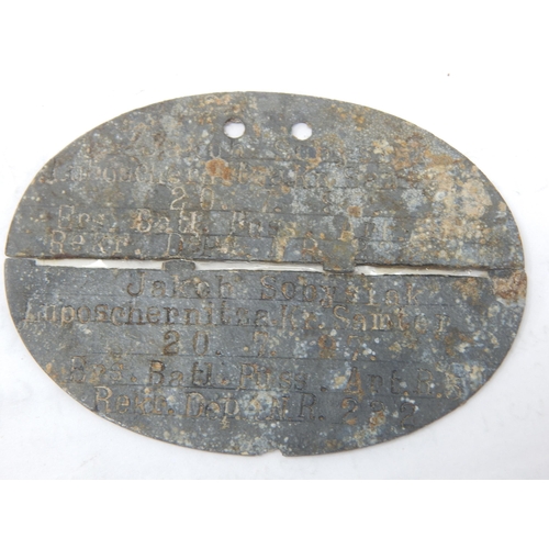 395 - WWI German Soldiers Identity Tag: JAKOB SOBYSIAK, LUPOSCHERNITZA, KP. SAMTE. 20.7.97. ERS. BATL. FUS... 