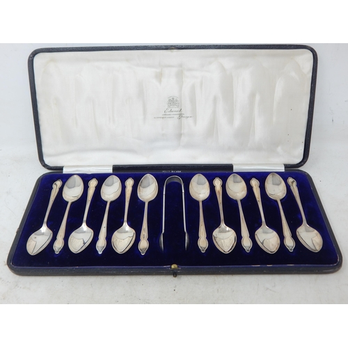 101 - A Set of 12 Victorian Silver Teaspoons & Sugar Tongs Hallmarked Sheffield 1896 by David & George Edw... 