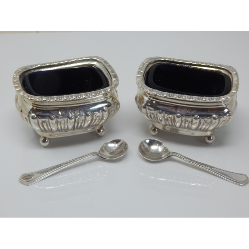 104 - A Pair of Victorian Silver Open Salts with Cobalt Blue Glass Liners & Matching Spoons: Hallmarked Ch... 