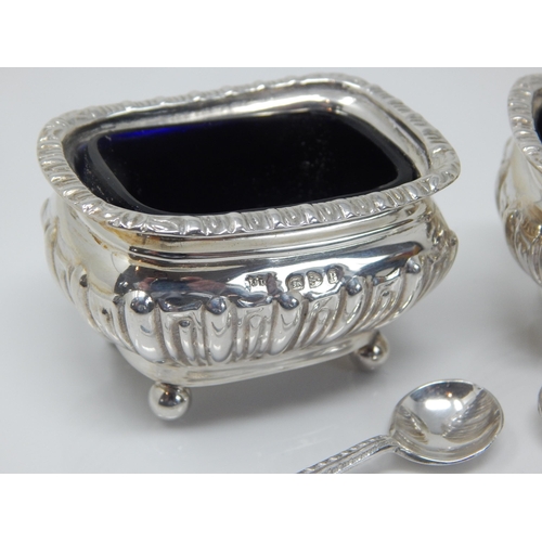 104 - A Pair of Victorian Silver Open Salts with Cobalt Blue Glass Liners & Matching Spoons: Hallmarked Ch... 