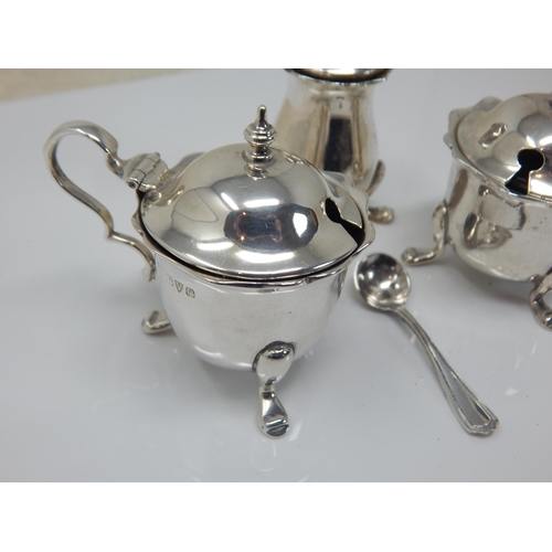 108 - George V Silver Cruet Set Comprising Mustard Pot, Lidded Salt, Pepperette & Spoon. Silver weight 122... 