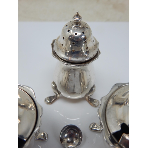 108 - George V Silver Cruet Set Comprising Mustard Pot, Lidded Salt, Pepperette & Spoon. Silver weight 122... 