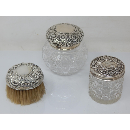 110 - Antique Silver Mounted Dressing Table Jars together with a Silver Mounted Circular Brush.