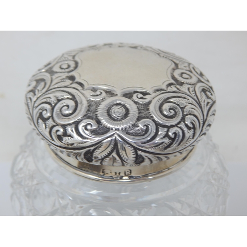 110 - Antique Silver Mounted Dressing Table Jars together with a Silver Mounted Circular Brush.