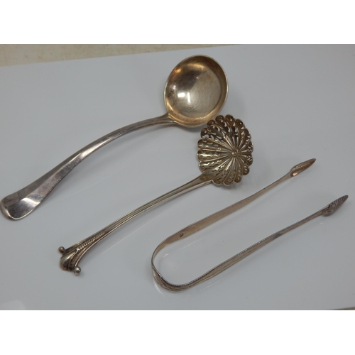 116 - A Pair of 18th Century Silver Sugar Tongs by Charles Hougham, A Victorian Silver Sifter Spoon Hallma... 