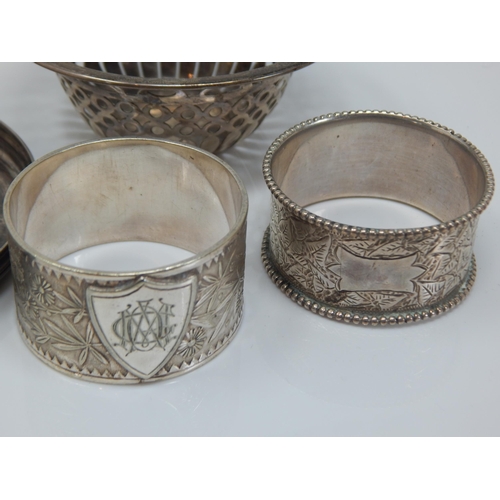 117 - A Quantity of Hallmarked Silver Oddments Including Napkin Rings, Small Basket & a Jar Lid: Various D... 