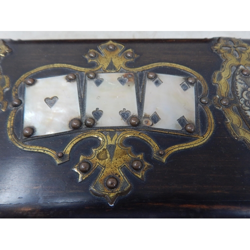 336 - Victorian Coromandel Domed Top Box with Brass Strapping & Mother of Pearl Playing Card Decoration  2... 