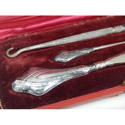 126 - Silver Handled Shoe Horn & Button Hooks together with a Mauchline Ware box, Compact & Coin Purse