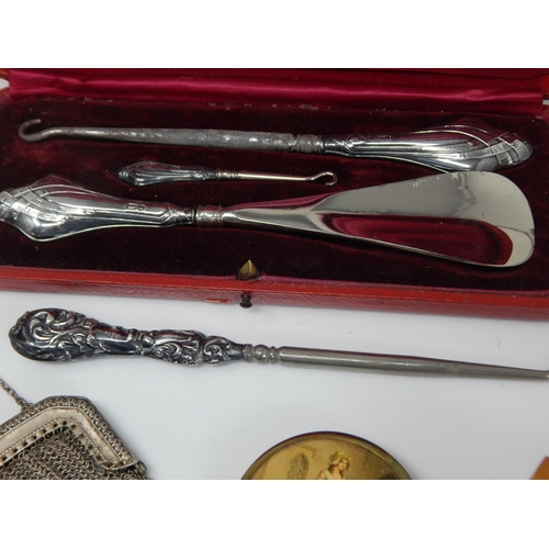 126 - Silver Handled Shoe Horn & Button Hooks together with a Mauchline Ware box, Compact & Coin Purse