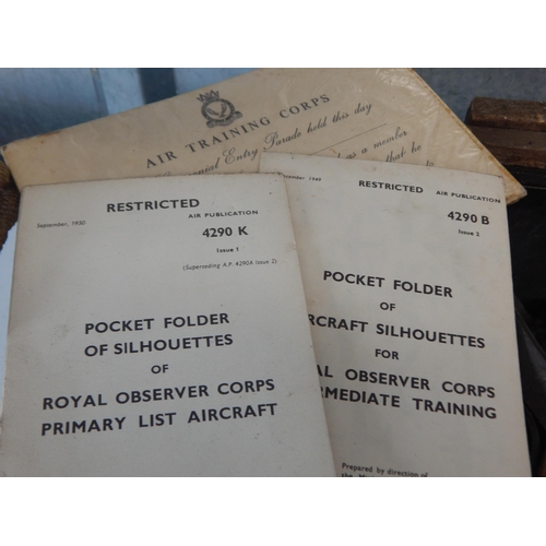 972 - Wooden Crate Containing Air Ministry Headphones & Restricted Folders of Silhouettes of Aircraft.