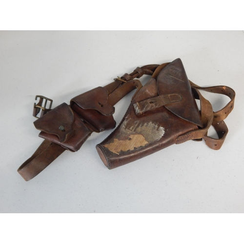 973 - WWI Leather Gun Holster & Two Ammunition Pouches on Shoulder Strap