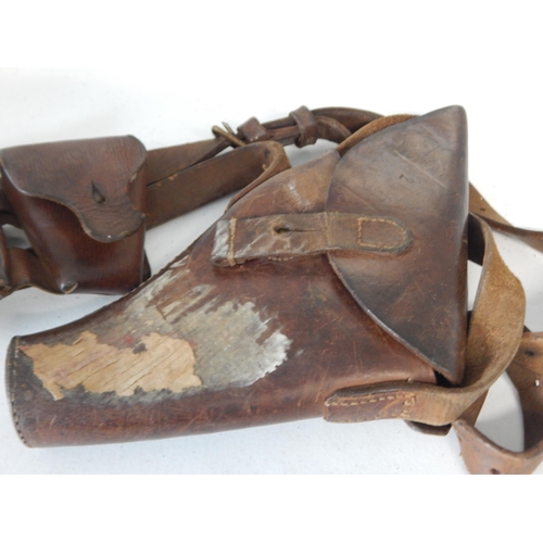 973 - WWI Leather Gun Holster & Two Ammunition Pouches on Shoulder Strap