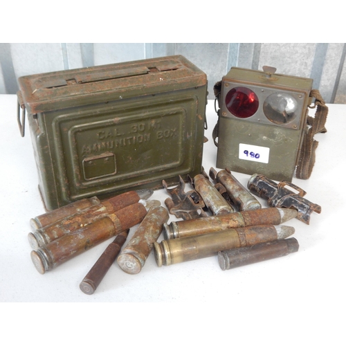 980 - WWII Cal.30 M1 Ammunition Box with Shells together with a Signalling Lamp.