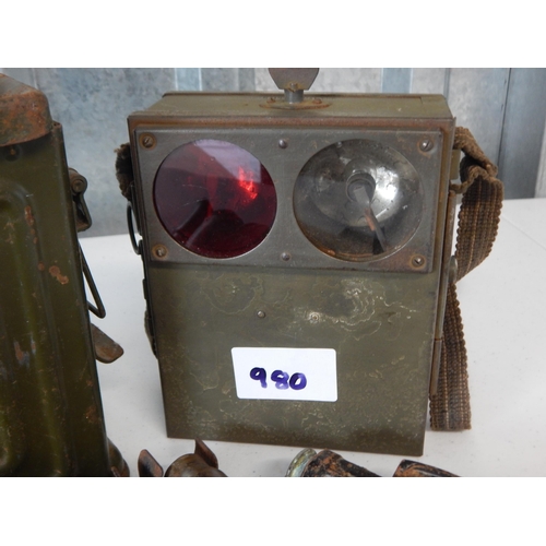 980 - WWII Cal.30 M1 Ammunition Box with Shells together with a Signalling Lamp.