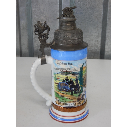 986 - German Stein 2. Feldart, Rgt 1. Fahr Batt. Wurzberg 1904-1906 with pewter top with cannon finial. He... 