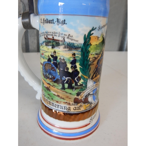 986 - German Stein 2. Feldart, Rgt 1. Fahr Batt. Wurzberg 1904-1906 with pewter top with cannon finial. He... 