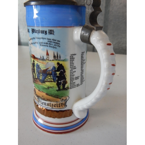 986 - German Stein 2. Feldart, Rgt 1. Fahr Batt. Wurzberg 1904-1906 with pewter top with cannon finial. He... 