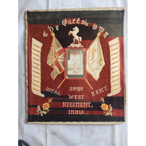 994 - WWI Queens Own 2nd Battalion Royal West Kent Regiment India, Embroidered Memorial with Photograph of... 