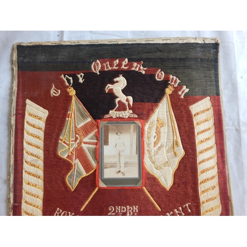 994 - WWI Queens Own 2nd Battalion Royal West Kent Regiment India, Embroidered Memorial with Photograph of... 