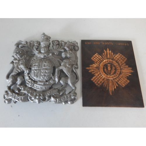 996 - WWII 2nd Battalion Scotts Guards Copper Plaque together with a Royal Coat of Arms Cast Metal Plaque