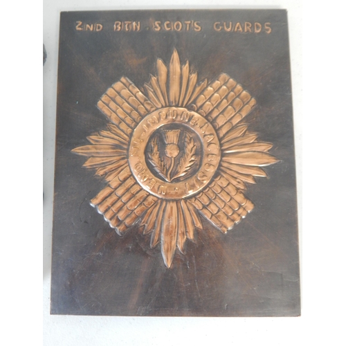 996 - WWII 2nd Battalion Scotts Guards Copper Plaque together with a Royal Coat of Arms Cast Metal Plaque