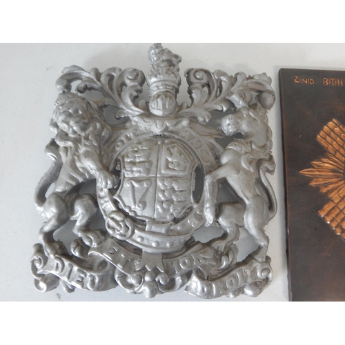 996 - WWII 2nd Battalion Scotts Guards Copper Plaque together with a Royal Coat of Arms Cast Metal Plaque