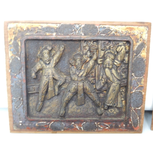 348 - Chinese 18th/19th century Set of 6 carved wooden figural panels, probably from a cabinet. Each measu... 