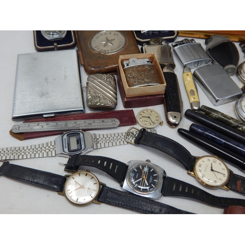 353 - A Quantity of Items including Pocket Watches, Fountain Pens, Compasses, Lighters, Coins etc containe... 