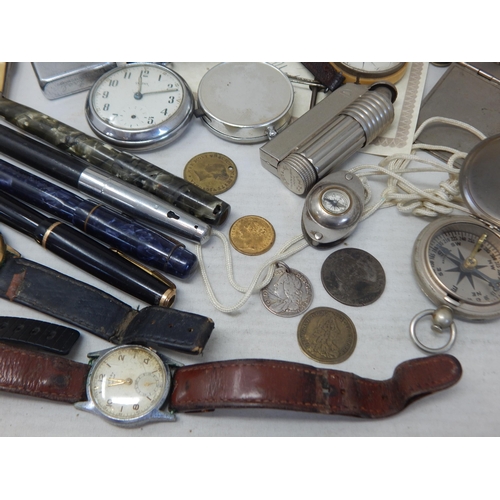 353 - A Quantity of Items including Pocket Watches, Fountain Pens, Compasses, Lighters, Coins etc containe... 