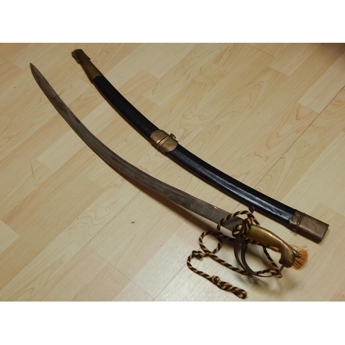 356 - 19th Century, Possibly Indian Curved Sword with Sharp Fullered Blade in Brass Mounted Leather Scabba... 