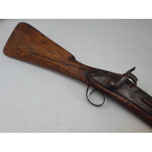 357 - 19th Century Pin Fire Rifle with wooden stock numbered 232 & B. L 70. Length 125cm