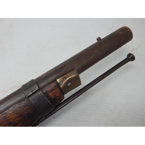 357 - 19th Century Pin Fire Rifle with wooden stock numbered 232 & B. L 70. Length 125cm