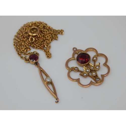 177 - Edwardian 9ct Gold Garnet & Seed Pearl Pendant together with a 9ct Gold Garnet & Seed Pearl Pendant ... 