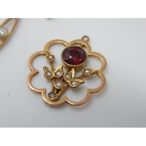 177 - Edwardian 9ct Gold Garnet & Seed Pearl Pendant together with a 9ct Gold Garnet & Seed Pearl Pendant ... 