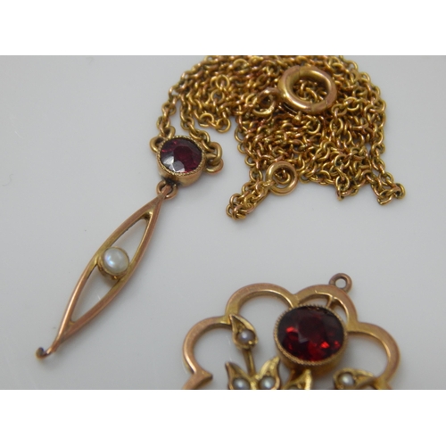 177 - Edwardian 9ct Gold Garnet & Seed Pearl Pendant together with a 9ct Gold Garnet & Seed Pearl Pendant ... 