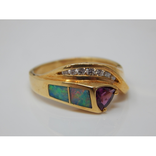 184 - 18ct Gold Diamond, Ruby & Opal Set Ring: Size O/P: Gross weight 6.23g