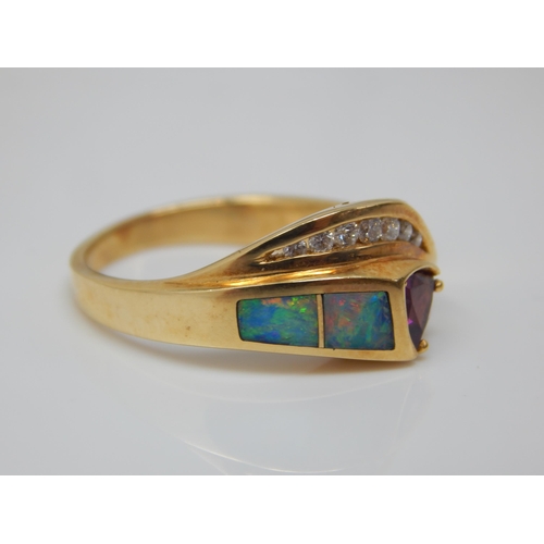 184 - 18ct Gold Diamond, Ruby & Opal Set Ring: Size O/P: Gross weight 6.23g