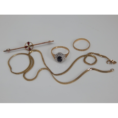 197 - A Quantity of 9ct Gold Oddment Including: Chain, Rings & Bar Brooch: Gross weight 8.22g a/f