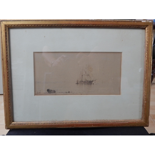 362 - Victorian Pencil Drawing of a Ship moored offshore: Signed Albert: Framed & Glazed: Measuring 48.5cm... 