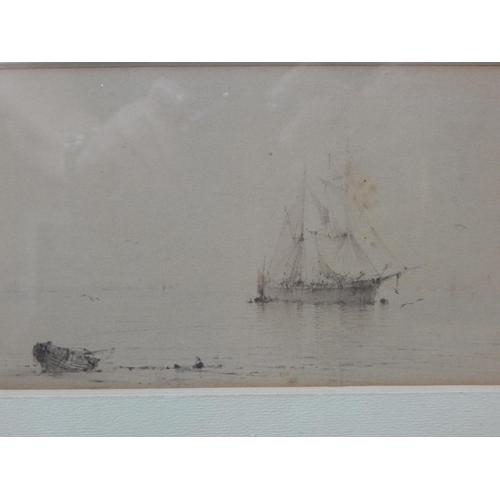 362 - Victorian Pencil Drawing of a Ship moored offshore: Signed Albert: Framed & Glazed: Measuring 48.5cm... 