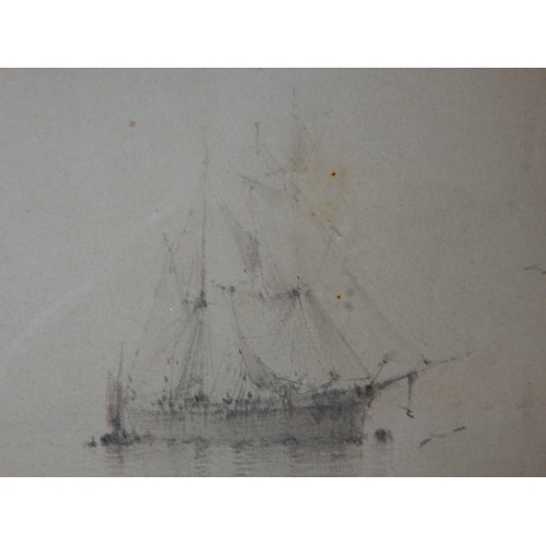 362 - Victorian Pencil Drawing of a Ship moored offshore: Signed Albert: Framed & Glazed: Measuring 48.5cm... 