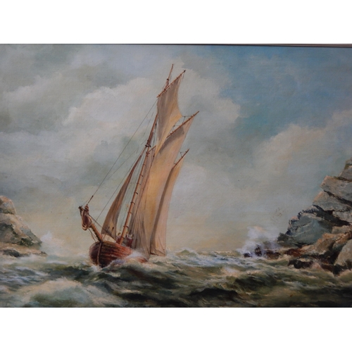 364 - Oil on Board: North Devon Ketch into Lee Bay Near Combe Martin: Signed: Maynard: Framed: Measuring 8... 