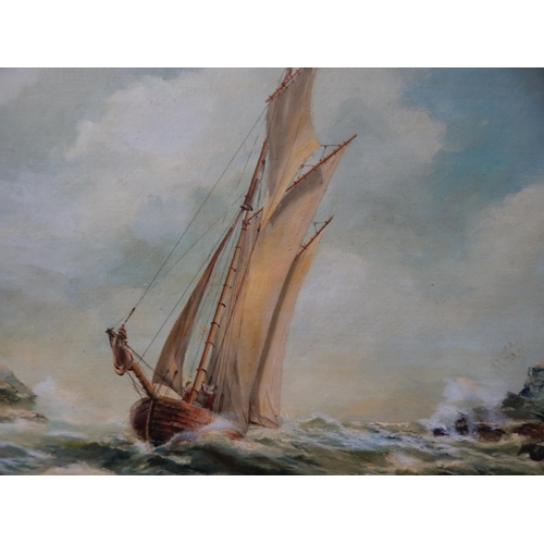 364 - Oil on Board: North Devon Ketch into Lee Bay Near Combe Martin: Signed: Maynard: Framed: Measuring 8... 