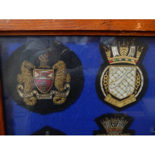 585 - Group of Naval Cloth Badges Framed & Glazed with Plaque 