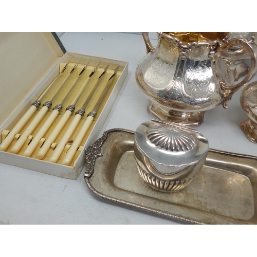 148B - A Good Quality Victorian Silver Plated Three Piece Tea Service by Roberts & Slater together with oth... 