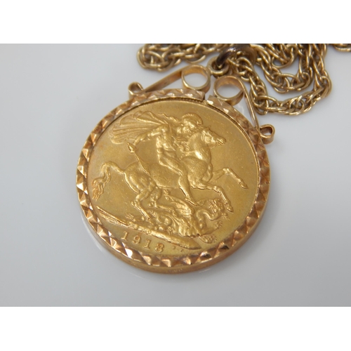 280 - KGV Full Gold Sovereign 1918 in 9ct Gold Mount on 9ct Gold Chain: Weight 14.35g