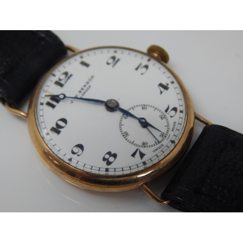 239 - Vintage Gentleman's 9ct Gold J. W Benson Wristwatch with Subsidiary Seconds Dial on Black Leather St... 