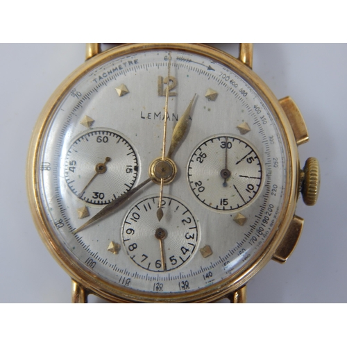 240 - Vintage Gentleman's 18ct Gold Lemania Chronograph Wristwatch with Subsidiary Dials on Tan Leather St... 